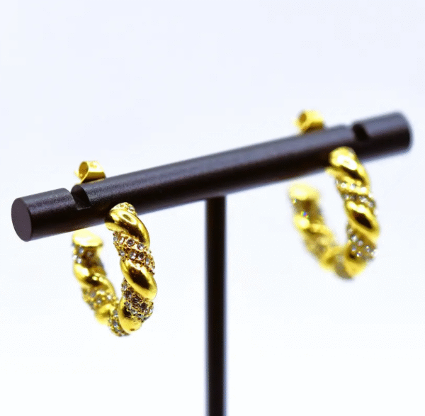Torchon hoop earrings with small rhinestones